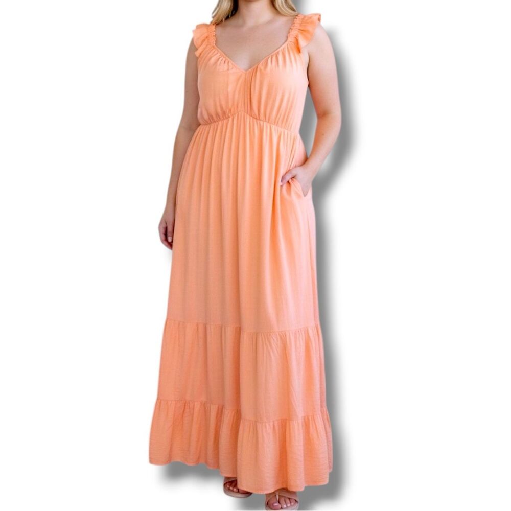 Torrid Peach Maxi Dress Size 1 Ruffle Strap Tiered Empire Waist Pockets NWT - Picture 2 of 15